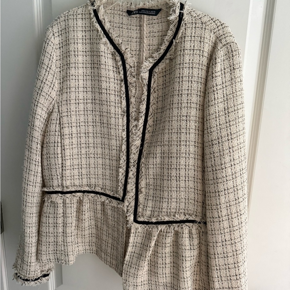 Zara Cream Tweed Peplum Jacket with Black Trim